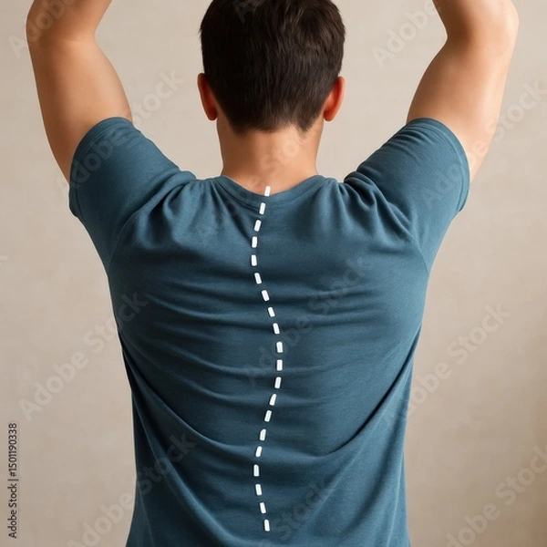 Fototapeta Back view of a man with a curved white line representing spinal scoliosis. Symbol of spine misalignment, posture issues, and importance of awareness and medical care