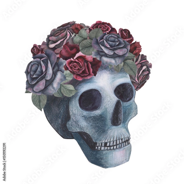 Obraz Scull with roses wreath gothic magical texture isolated on white background. Watercolor hand drawn day of the dead sketch illustration. Art for design mystical halloween witch decoration, scary card