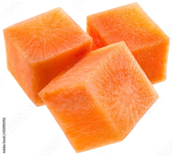 Obraz Carrot cubes png. Carrot cube on transparent background. Perfect retouched cut carrot no background. Top view. Transparent png. Full depth of field.