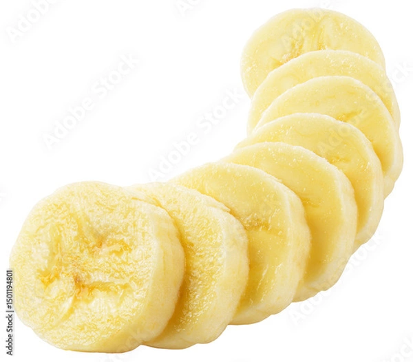 Obraz Banana slice isolated png. Sliced banana on white or transparent background. Cut banana no background. Round slices heap top view. Transparent png.
