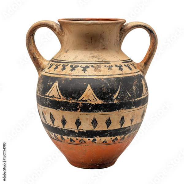 Fototapeta a medieval ceramic amphora with two curved handles decorated on isolated transparent background