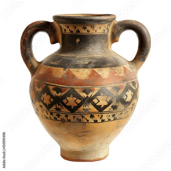 Fototapeta a medieval ceramic amphora with two curved handles decorated on isolated transparent background