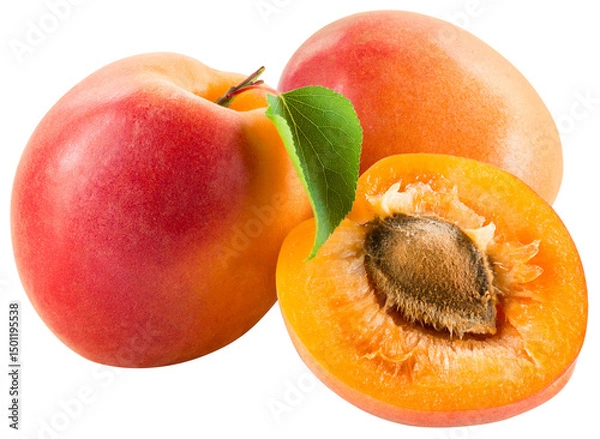 Obraz Apricot png. Apricots with a half an leaf isolated on transparent background. Apricot with kernel no background. Transparent png.