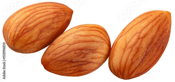 Obraz Almond isolated png. Three almond nuts on white or transparent background. Perfect retouched almond no background top view. Transparent png. Full depth of field.