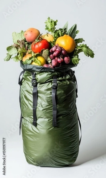 Fototapeta A verdant backpack overflowing with a bounty of fresh fruits and vegetables.  A diverse selection of colorful produce, including tomatoes, grapes, citrus fruits, and leafy greens, fills the pack