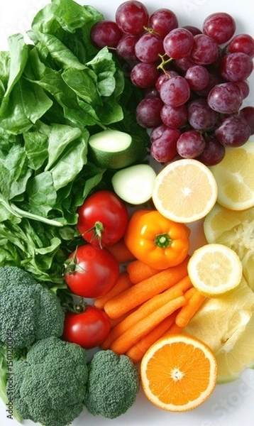 Fototapeta Assorted fresh fruits and vegetables arranged in a circular pattern.  Leafy greens, red tomatoes, yellow peppers, carrots, grapefruits, oranges, lemons,  grapes and broccoli are visible