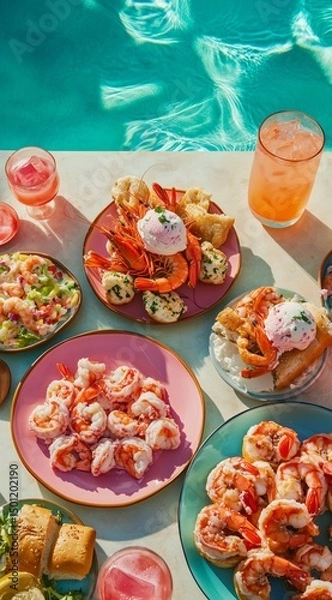 Fototapeta Colorful seafood lunch by the pool with shrimp, appetizers, and cocktails – ideal for summer menus, resort ads, vacation promotions, and tropical lifestyle content