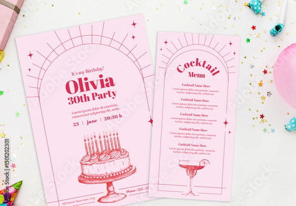 Obraz Minimal Red Lines Birthday Party Print Set