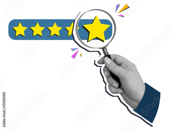 Fototapeta Hand with a magnifying glass look at the fifth star in a row. User experience. Service rating. Modern collage style. Illustration on transparent background
