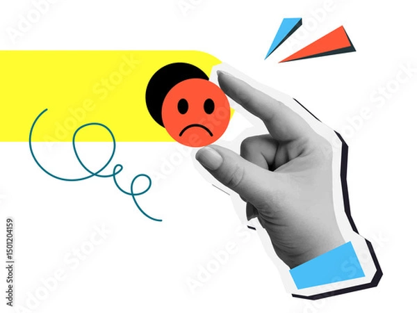 Fototapeta User experience - the hand chooses the sad red emoji. Service rating. Illustration on transparent background in a modern collage style