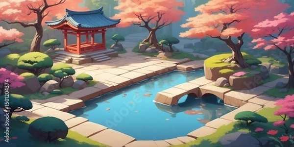 Fototapeta Tranquil Zen garden with pond and cherry blossom trees  