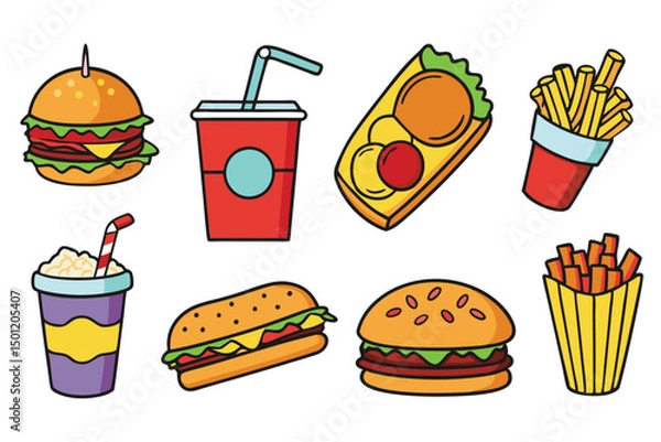 Fototapeta Fast Food Vector icons. Drink, Burger Donut and Ice Cream Cone. Render Realistic Hot Dog and Arabian Vegan Wrap. Fast Meals, Desserts, Pithy Isolated Vector Set.