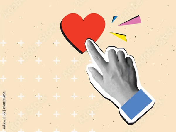Fototapeta Black and white hand press a heart-shaped red button. Modern collage style. Vector illustration