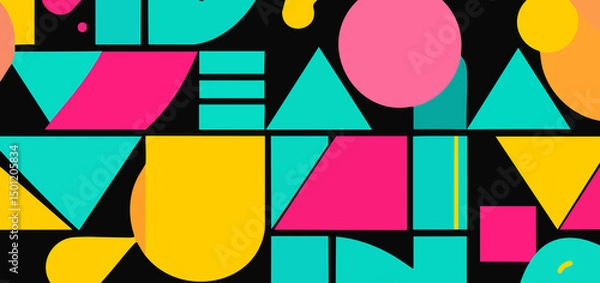 Fototapeta Funky Memphis pattern with geometric shapes, squiggles, bright color,80s background, playful mood