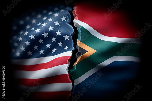 Fototapeta US and South Africa flags are ripped apart, symbolizing the tension or conflict between two countries.