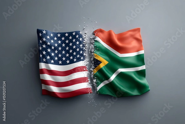 Fototapeta USA and South Africa Flags being torn apart, concept of conflict and separation