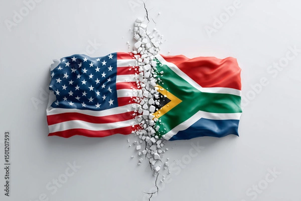 Fototapeta US and South Africa flags breaking apart, symbolizing a rift or conflict between the two nations.