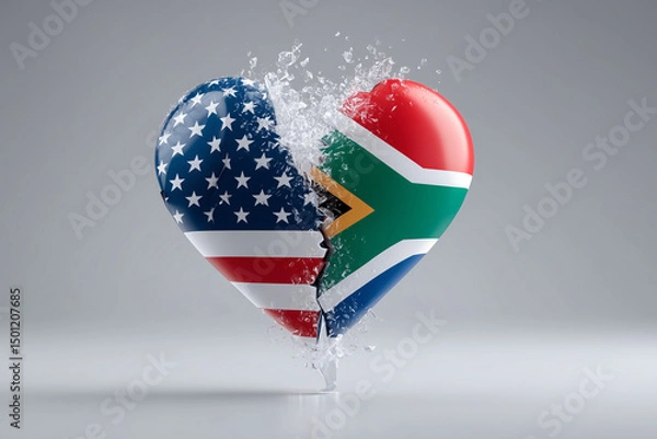 Fototapeta A heart-shaped symbol merging the flags of the USA and South Africa, with water splashing across the center. The image suggests a connection or merging of the two nations