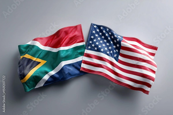 Fototapeta A close-up shot of the waving national flags of the United States and South Africa, with a soft focus background 