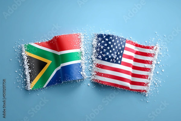 Fototapeta South African and American flags gently waving side by side. The flags appear slightly distressed, creating a unique visual effect.
