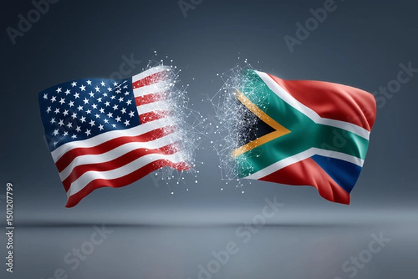 Fototapeta A dynamic image depicting the flags of USA and South Africa undergoing a conceptual transformation or conflict. The flags, with their respective symbols.
