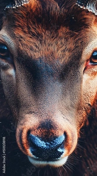 Fototapeta Close-up of a bison's face – powerful wildlife portrait for nature, animal strength, and wilderness-themed projects