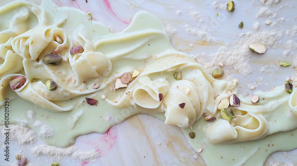 Obraz Pistachio sauce pasta in elegant swirl – gourmet food flat lay with creamy green texture on marble pink background.
