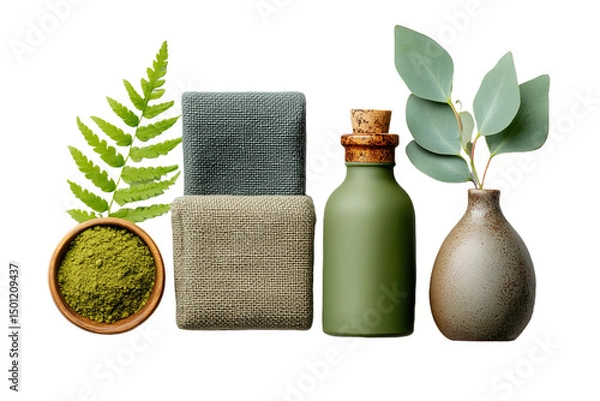 Fototapeta Moss Green Inspired Still Life Composition with Soap Bottle and Fern in Studio Shot with Transparent Background for Spa and Beauty Mockup