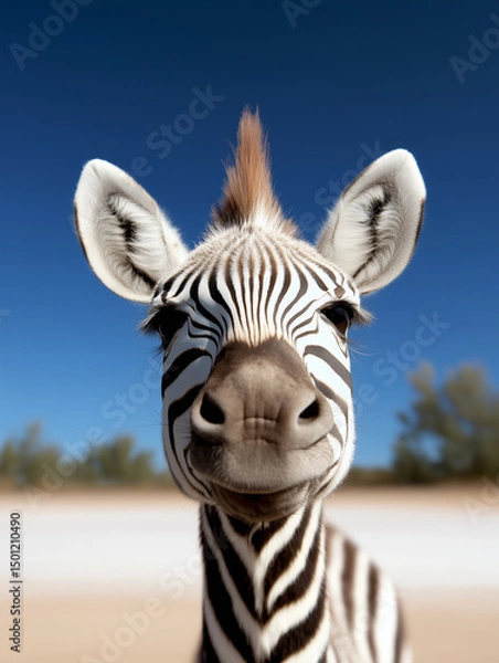 Obraz Cute zebra face close-up with a mohawk mane under blue sky – playful wildlife portrait in natural habitat.
