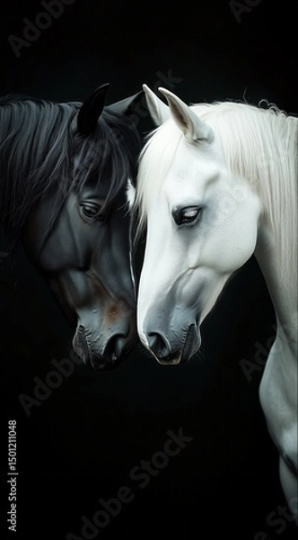 Fototapeta Black and white horses gently touching heads on black background – symbol of duality, connection, and harmony, perfect for fine art prints, equine therapy visuals, or animal-themed decor