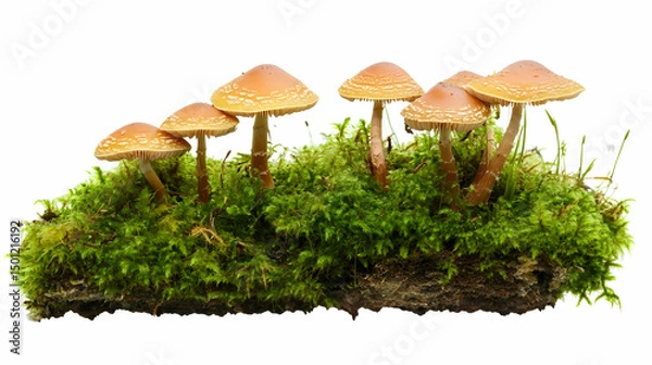Obraz A dense cluster of tall orange mushrooms on mossy ground, isolated.