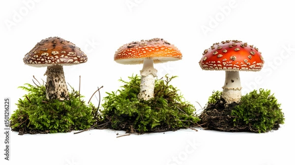 Obraz Traditional red-capped toadstools with white stems on moss, isolated.