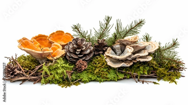 Obraz Mixed species of mushrooms with pinecones and moss from a forest floor.