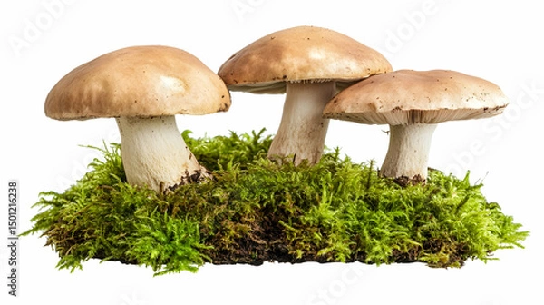 Obraz Three edible brown mushrooms on a green moss base, white background.