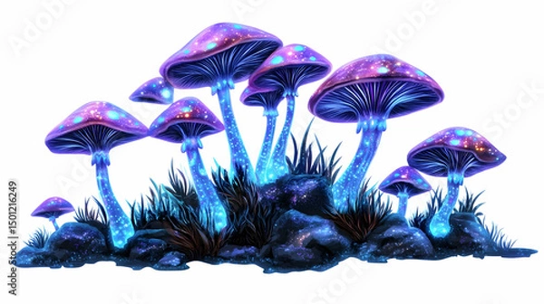 Obraz Bright, glowing purple mushrooms in a fantasy style on moss, isolated.