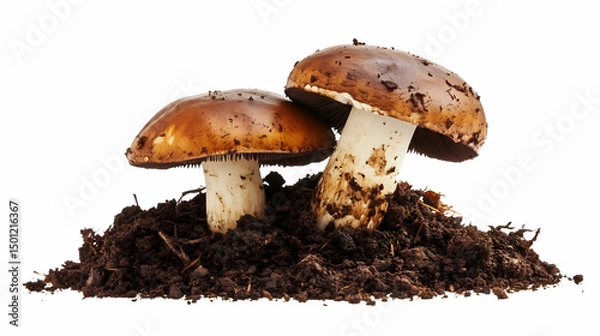 Obraz Wild brown mushrooms growing from moist earth, isolated.
