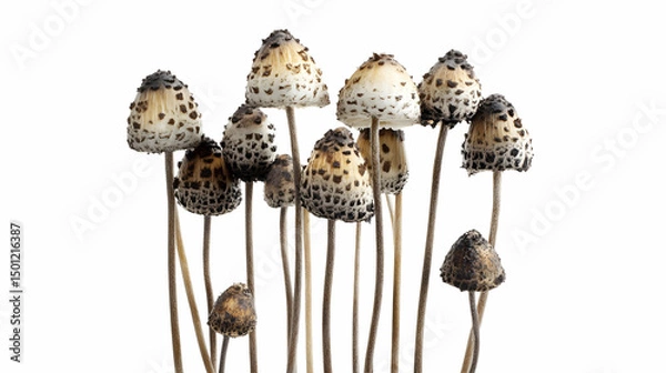 Obraz Tall delicate ink cap mushrooms with thin stems and speckled caps.
