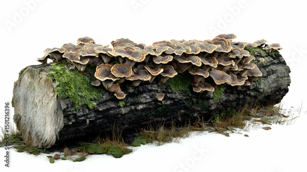 Obraz Fungus-covered log with stacked mushrooms and moss detail.