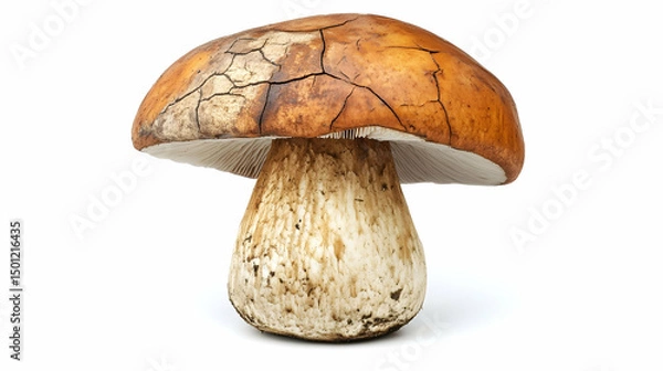 Obraz Single brown mushroom with smooth cap and short stem, isolated.