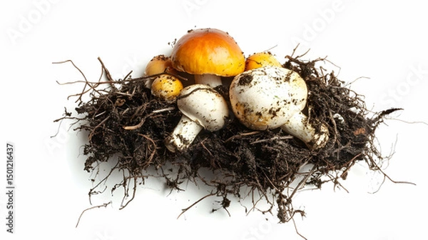 Obraz A natural bird nest filled with wild mushrooms, isolated.