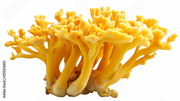 Obraz Bright yellow coral-like fungus with branched tips, isolated.