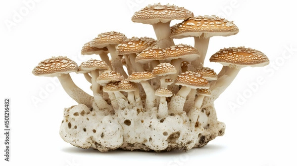 Obraz A dense cluster of speckled white mushrooms with spotted caps.