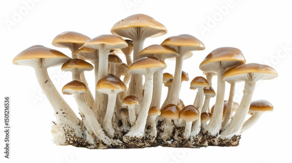 Obraz A dense cluster of wild forest mushrooms growing on soil, isolated on white background.