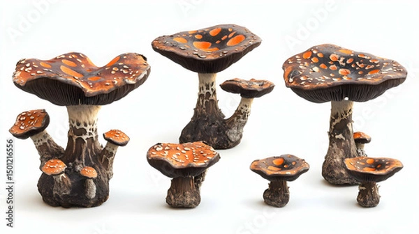 Obraz Cluster of bright orange toadstools with vibrant caps and dark stems, isolated.