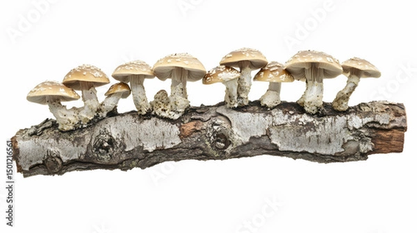 Obraz A group of mushrooms growing along a tree bark, detailed and isolated on white background.