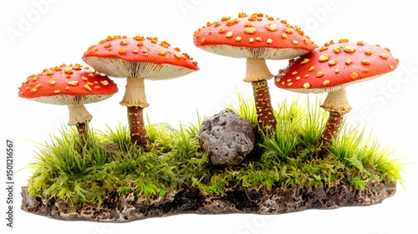 Obraz Iconic red mushrooms with white spots and moss, commonly known as fly agaric, isolated.