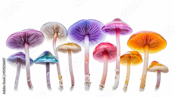 Obraz Vivid rainbow-colored mushrooms in a stylized fantasy set, isolated on white.
