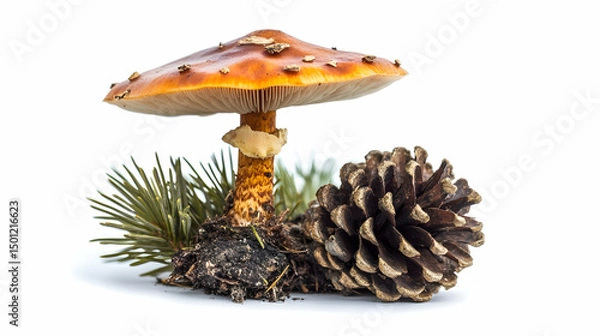 Obraz A unique mushroom beside a pinecone and fir needles, isolated on white.