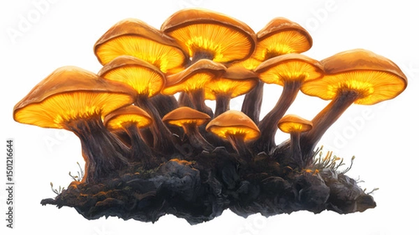 Obraz Glowing orange mushrooms with dark base, fantasy style