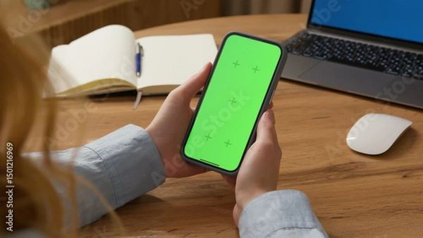 Fototapeta Woman sit use digital tech cell phone, green screen mock up. Hand scroll phone web site, swipe like photos. Girl hold mobile closeup. Chroma key page. Cozy office background. Online app copy space.